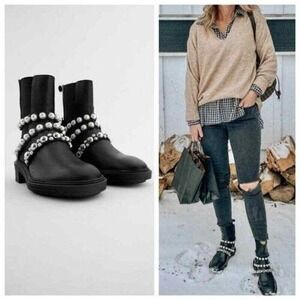 ZARA lug sole FLATFORM LEATHER ANKLE BOOTS WITH FAUX PEARL STRAPS size 39 8 new!